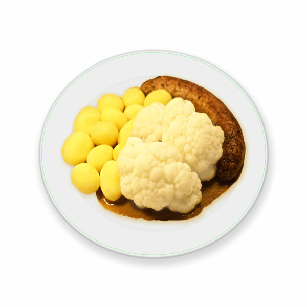 Krieltjes, bloemkool met kiprookworst en jus