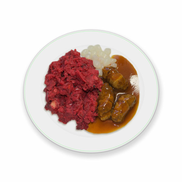 Stamppot rodebietjes & ui met slavinkjes en jus